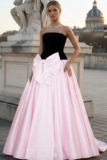 Black & Pink Strapless Velvet and Satin Ball Gown