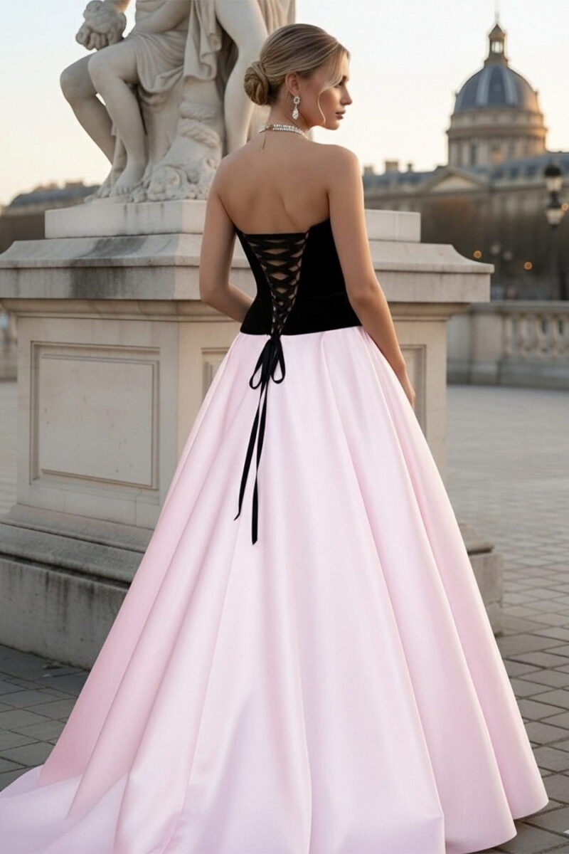 Black & Pink Strapless Velvet and Satin Ball Gown