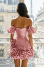 Pink Strapless Mini Dress with Detachable Puff Sleeve