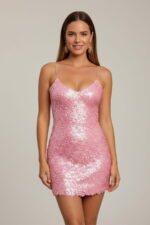 Mini robe à col en V à paillettes roses pour la fête