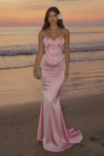 Pink Charmeuse Bow-Accent Corset Mermaid Prom Dress
