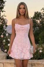 Pink Burnout Organza Cowl Neck A-Line Mini Party Dress