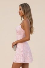 Pink Burnout Organza Cowl Neck A-Line Mini Party Dress