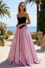 Black & Pink Contrast Gown with Spandex V-Waist Bodice and Sequin Skirt