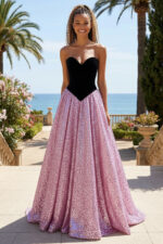 Black & Pink Contrast Gown with Spandex V-Waist Bodice and Sequin Skirt
