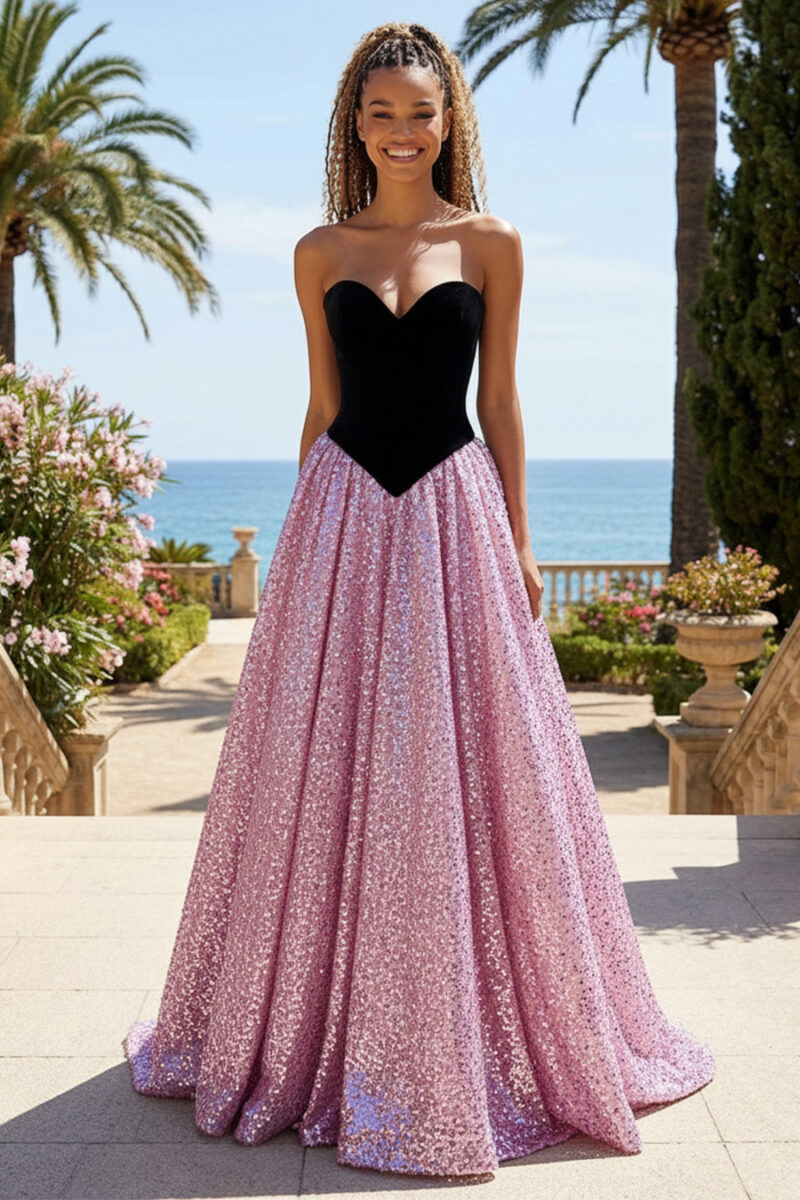 Black & Pink Contrast Gown with Spandex V-Waist Bodice and Sequin Skirt
