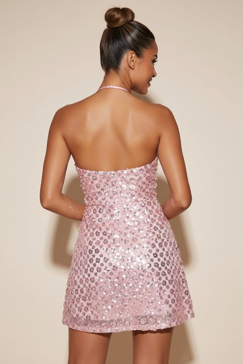 Vestido de fiesta corto halter de lentejuelas rosa