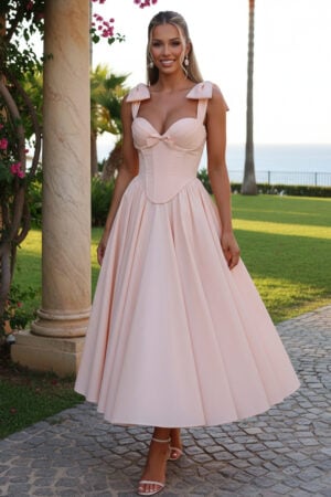 Pink Taffeta Midi Dress with Bow Straps