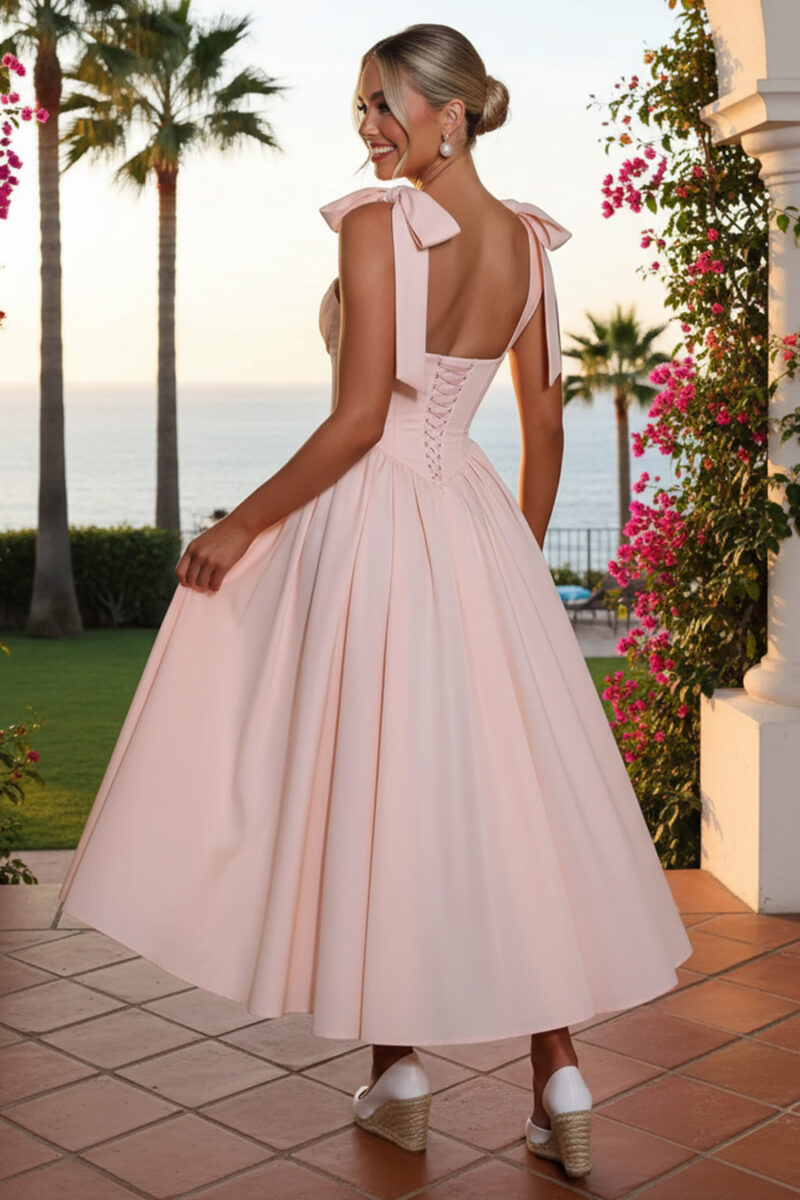 Vestido midi de tafetán rosa con tirantes de lazo