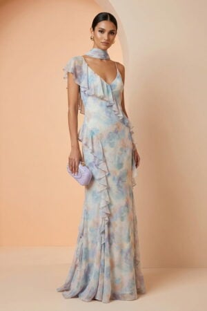 Pastel Tie Dye Print Chiffon Wedding Guest Dress with Cascading Ruffles Pastel Tie Dye Print Chiffon Wedding Guest Dress with Cascading Ruffles