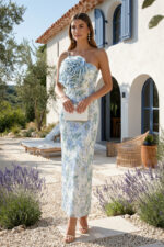 Blue Floral Print Sequin One Shoulder Cocktail Dress with 3D Rosette Appliqué