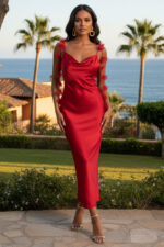 Robe longue dos nu avec bretelles florales en charmeuse rouge