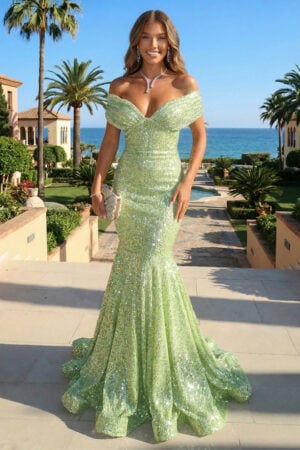 Vestido de noche de lentejuelas verde salvia