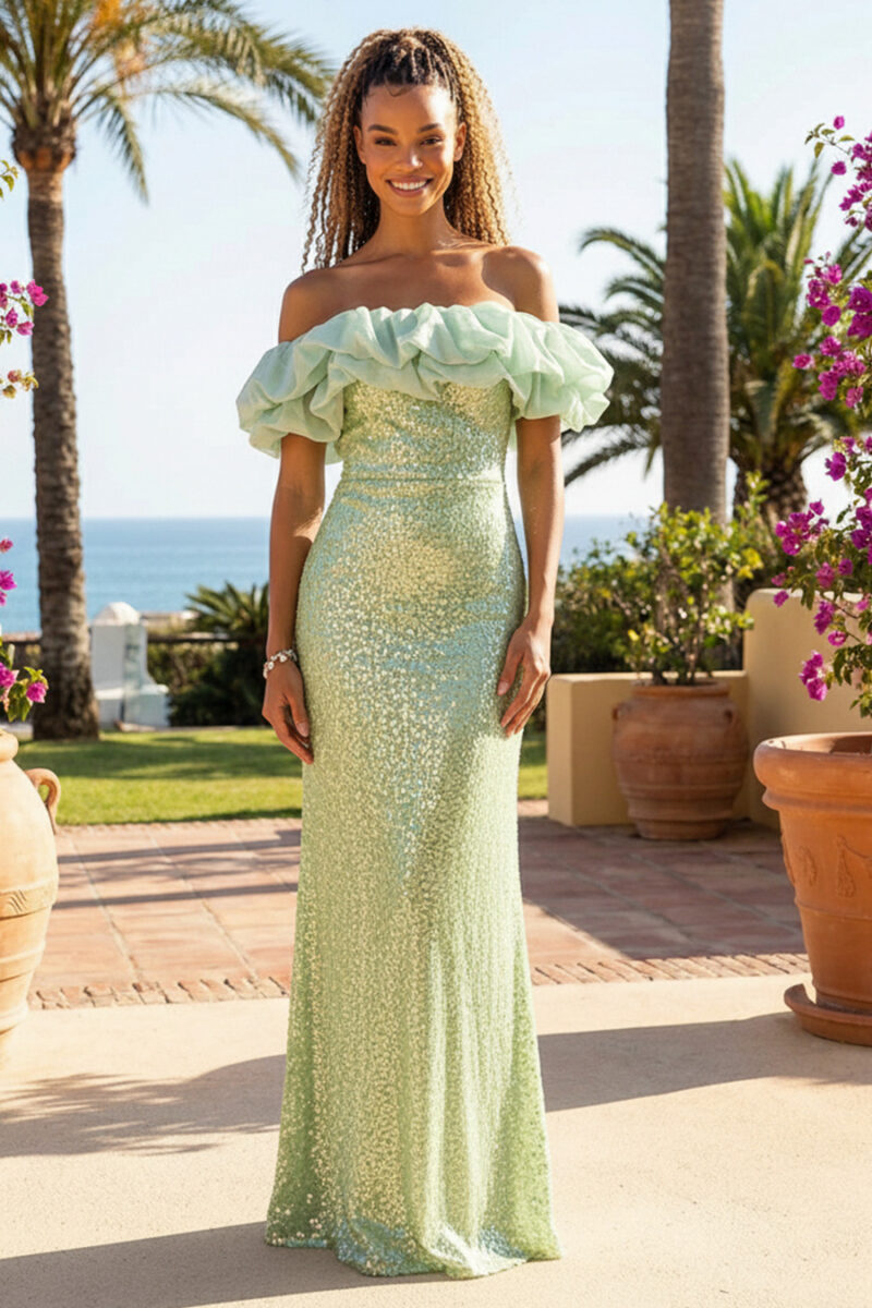 Salbeigrünes schulterfreies Pailletten-Maxikleid mit Organza-Rüsche
