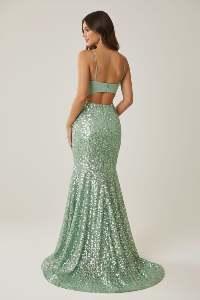 Robe de bal de fin d'année en spandex et paillettes vert sauge avec découpe audacieuse dans le dos