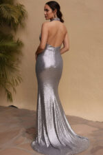 Plata lentejuelas cruzadas escote halter sirena vestido de fiesta