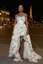 Plata 3D bordado floral de lentejuelas de alta-bajo vestido de fiesta