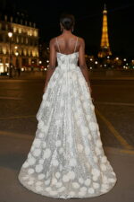 Plata 3D bordado floral de lentejuelas de alta-bajo vestido de fiesta