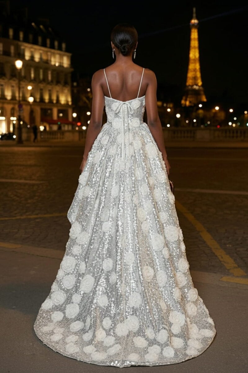 Plata 3D bordado floral de lentejuelas de alta-bajo vestido de fiesta