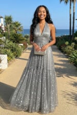 Silver Halter Maxi Sparkly Wedding Guest Dress