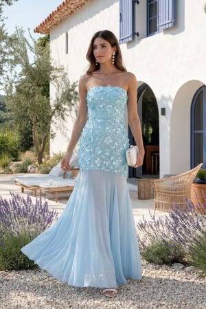 Light Sky Blue Sequin Floral Strapless Fit & Flare Maxi Black Tie Dress