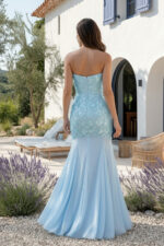 Light Sky Blue Sequin Floral Strapless Fit & Flare Maxi Black Tie Dress