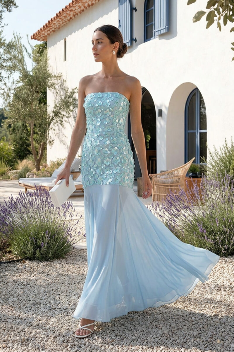 Light Sky Blue Sequin Floral Strapless Fit & Flare Maxi Black Tie Dress