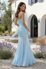 Light Sky Blue Sequin Floral Strapless Fit & Flare Maxi Black Tie Dress