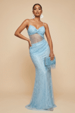 Sky Blue Spaghetti Straps Maxi Dress Ruched Cut Out Evening Dress