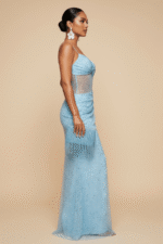Sky Blue Spaghetti Straps Maxi Dress Ruched Cut Out Evening Dress