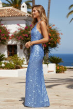 Sky Blue Sequin Halter Neck Backless Maxi Dress