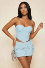 Himmelblau Mesh Korsett Top & geraffte Schleife Minirock Zweiteiliges Set