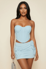 Himmelblau Mesh Korsett Top & geraffte Schleife Minirock Zweiteiliges Set