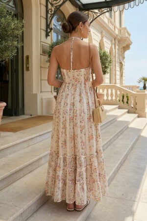Floral Print Halter Tiered Chiffon Boho Dress