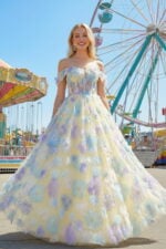 Yellow Off-the-Shoulder Embroidery Tulle Ball Gown