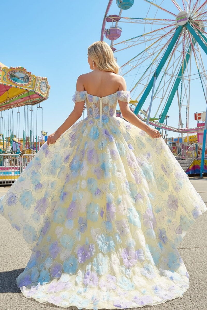 Yellow Off-the-Shoulder Embroidery Tulle Ball Gown