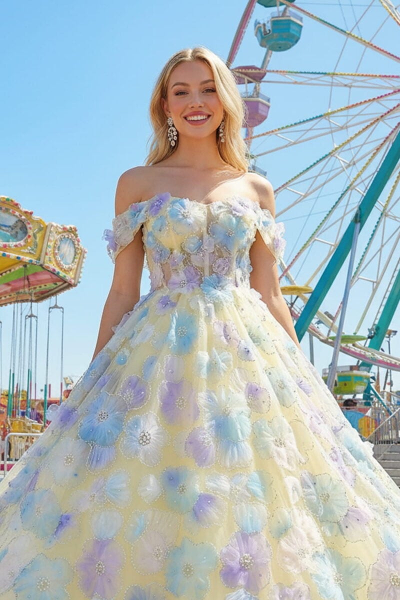Yellow Off-the-Shoulder Embroidery Tulle Ball Gown