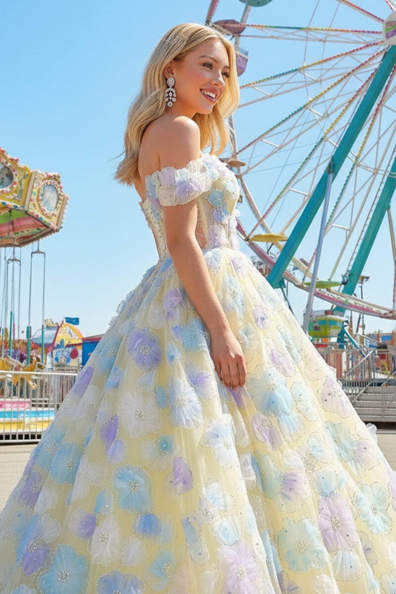 Yellow Off-the-Shoulder Embroidery Tulle Ball Gown