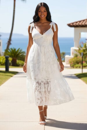 White Floral Burnout Chiffon Tie-Strap Midi Dress