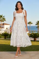 White Floral Burnout Organza Tie-Strap Midi Dress