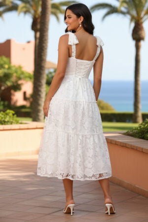 Weißes geblümtes Ausbrenner-Organza-Krawatten-Midi-Dress