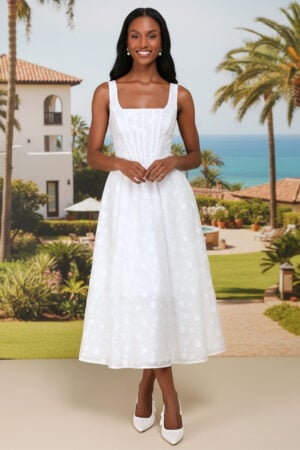 White Floral Jacquard Square Neck Lace-Up Midi Dress