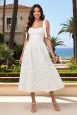 White Floral Jacquard Organza Tie-Strap Corset Midi Dress