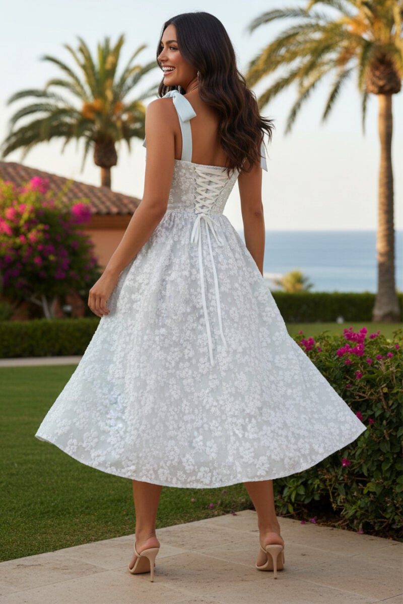 White Floral Jacquard Organza Tie-Strap Corset Midi Dress