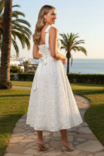 White Floral Jacquard Organza Tie-Strap Corset Midi Dress