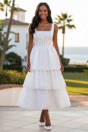 White Floral Jacquard Square Neck Tiered Midi Dress