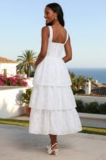 White Floral Jacquard Square Neck Tiered Midi Dress