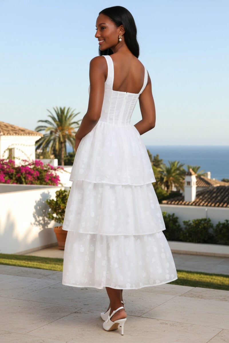 White Floral Jacquard Square Neck Tiered Midi Dress