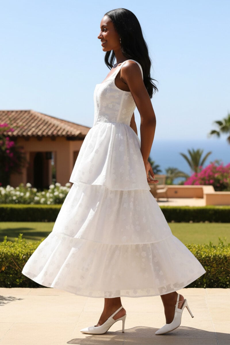 White Floral Jacquard Square Neck Tiered Midi Dress