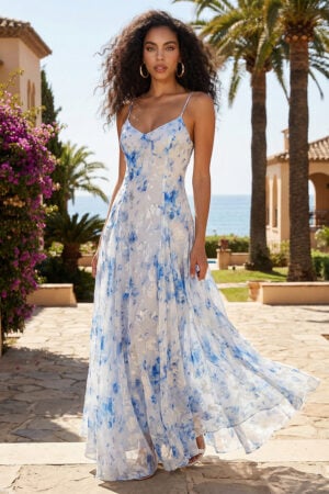 White & Blue Floral Print Burnout Chiffon Vacation Dress